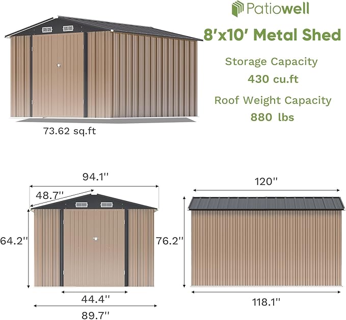 Patiowell 8x10 FT Outdoor Storage Shed with Detachable Storage Rack, Large Garden Tool Metal Shed with Sloping Roof and Double Lockable Door, Outdoor Shed for Backyard Garden Patio Lawn,Brown