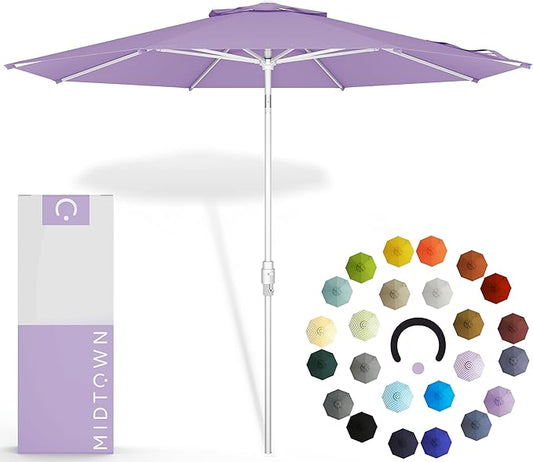Midtown Umbrellas The Swilt 8 Feet Patio Umbrella in Terylast Midtown Purple Polyester Fabric - Fiberglass Ribs, Auto-Tilt Aluminum Frame For Backyard, Deck, Garden, Pool - White Pole