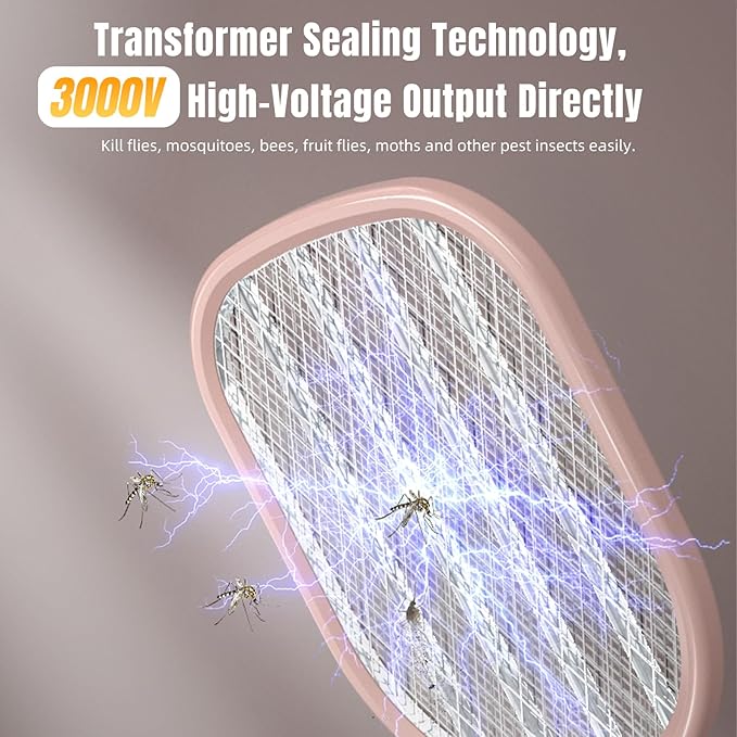 Electric Fly Swatter Racket 3000V Bug Zappers, Mosquito Zappers USB Rechargeable, 1200mAh Mosquitoes Killer Lamp & Fly Zappers with 3 Layer Safety Mesh for Home, Bedroom, Kitchen, Patio (1Pack-Pink)