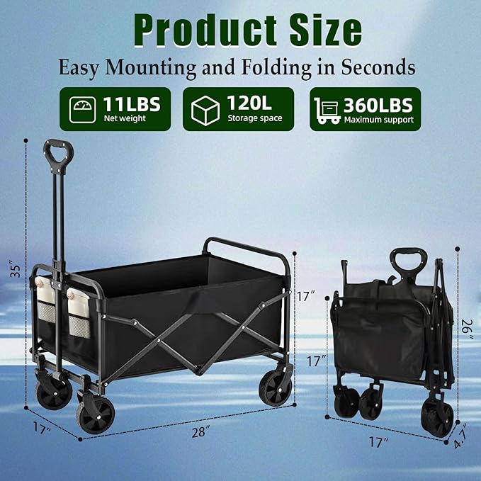 Collapsible Wagon Cart Foldable 360lbs Capacity, Lightweight Portable Beach Wagon, Shopping Carts with Wheels for Grocery, Camping, Shopping, Beach, Fishing, Garden Cart