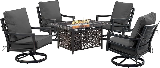 Oakland Living Black Aluminum Patio Fire Table Set with Four Club Chairs with Black Cushions