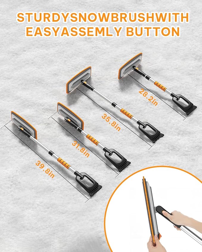 helloleiboo 39.8" 3-in-1 Snow Brush for Car Snow Broom Extendable Snow Brush and Ice Scraper 12-Inch Pivoting Foam Head Snow Scraper for Christmas Car Truck SUV (Orange)