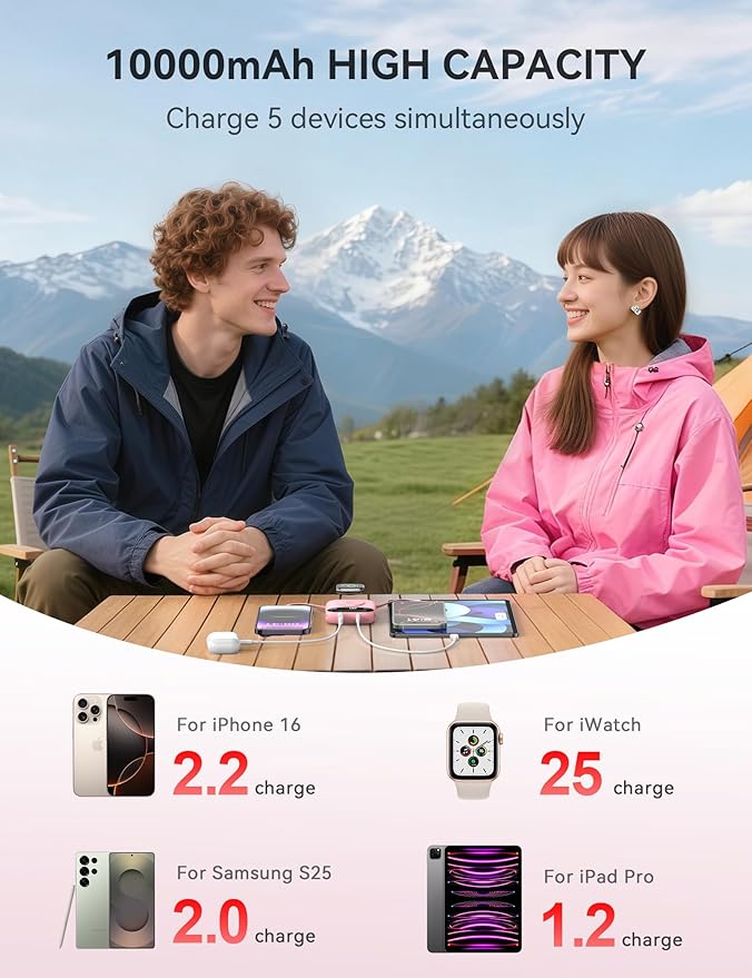 Portable Charger, 10000mAh 22.5W Fast Charging Power Bank with Built-in Cables, Travel Essential Battery Pack with LED Display, Keychain Battery Phone Charger for iPhone, iWatch 10/9/8/7/6/SE/5/4 Pink