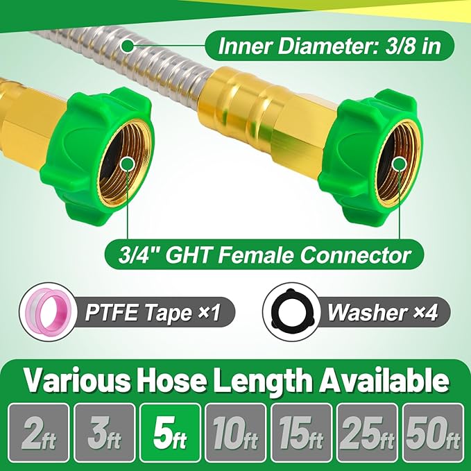 Short Garden Hose with Female to Female Connector, 5ft Metal Leakproof Leader Hose for Hose Reel, Heavy Duty 304 Stainless Steel Flexible Hose for Outdoor Garden Watering Car Pet Cleaning