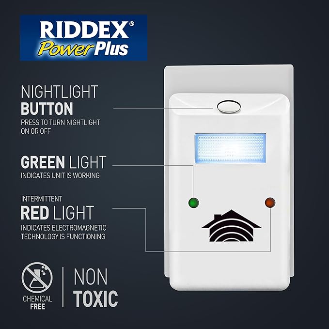 RIDDEX Power Plus Insect Repellent | Plug in, Mouse Deterrent - Pest Control for Defense Against Rats, Mice, Roaches, Bugs and Insects | Control Pests with No Toxins with Side Outlet | 3-Pack