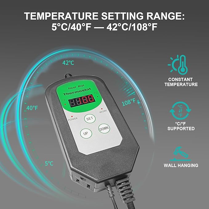 Digital Heat Mat Thermostat Temperature Controller (EMC Certified) for Seed Germination, Reptiles and Brewing Breeding Incubation Greenhouse, 42 °F to 108 °F/ 5 ℃ to 40 ℃, 1000W