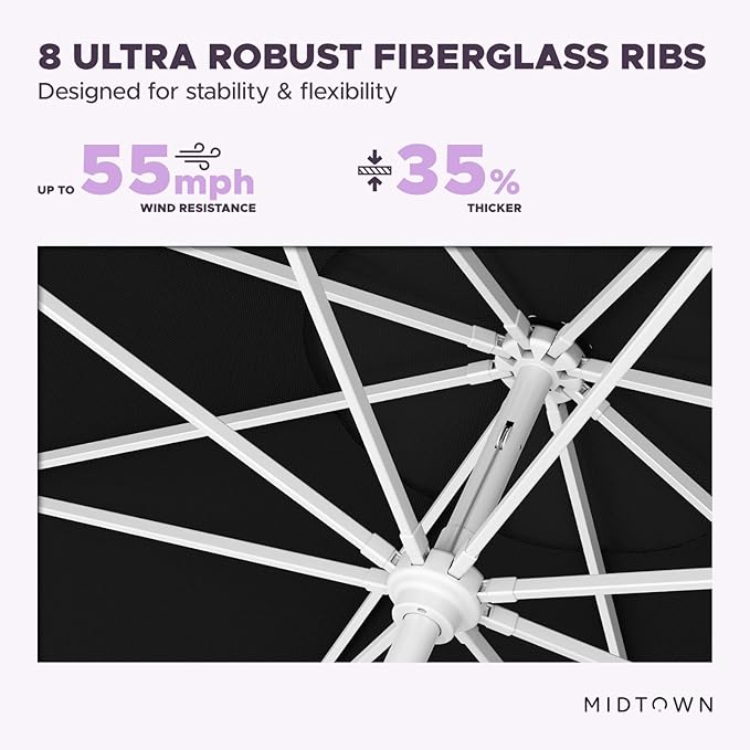 Midtown Umbrellas The Swilt 9 Feet Patio Umbrella in Terylast Ebony (Black) Polyester Fabric - Fiberglass Ribs, Auto-Tilt Aluminum Frame For Backyard, Deck, Garden, Pool - White Pole