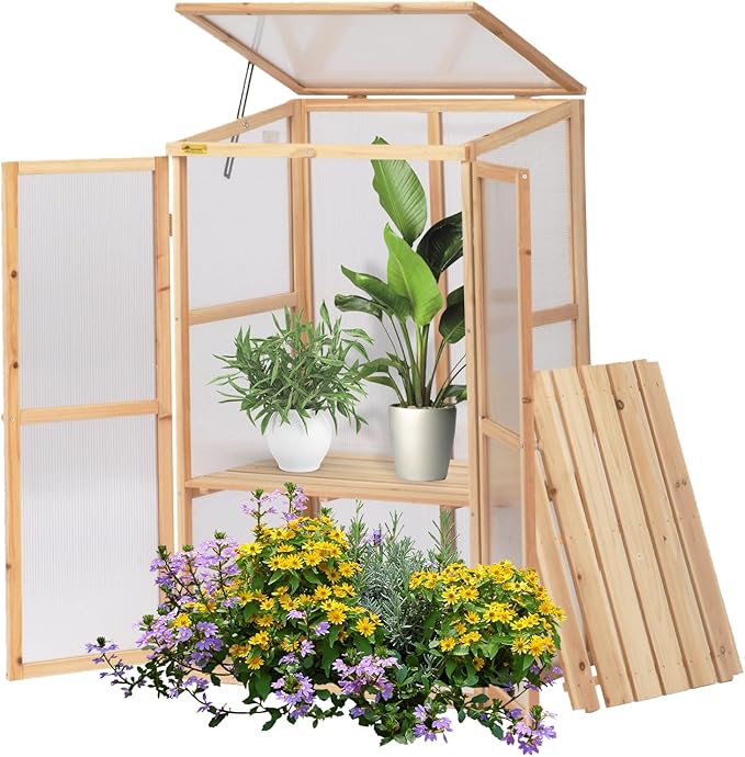 BIGTREE Wooden Green House Mini Greenhouse Indoor/Outdoor Nursery Vented Cold Frame Portable Garden Planter Raised Plants Top Opening Door (27"X19"X47")