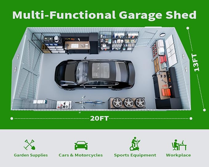 20x13 FT Outdoor Storage Shed, Metal Garage Shed with 2 Lockable Doors, Large Metal Building with 4 Air Vents, Galvanized Steel Prefab Garage Sheds for Car, Truck, Bike, Tool, Dark Gray