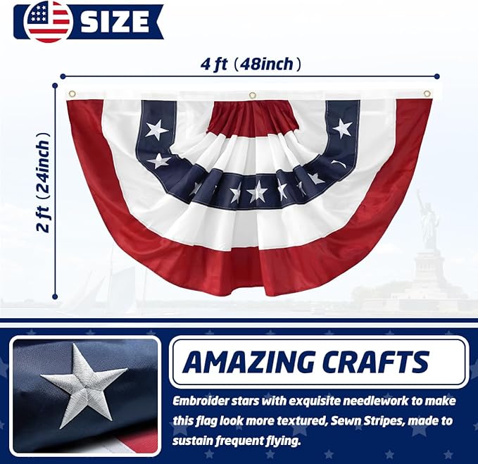 3Pack Pleated Fan Flag, 2x4 Feet Bunting Decoration Flags Embroidered Patriotic Stars & Sewn Stripes Canvas Header Brass Grommets