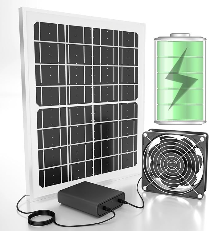 Chronoseek Solar Fans For Outside Chicken Coop with Battery 10000mAh,15W Waterproof Solar Panels,3500 RPM 5" Exhaust Fan,Day/Night Lasting Ventilation,Shed&Camping
