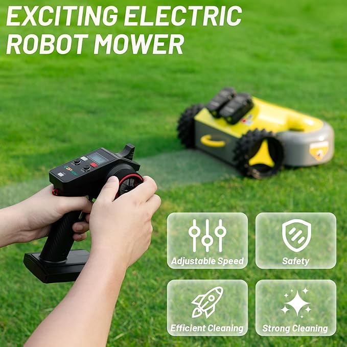 Remote Control Lawn Mower, Battery Powered Rc Lawn Mower, Cut Height 2.0"-3.0", 40% Slope, Remote Control with Adjustable Speeds, 100% Electric All-Wheel Drive