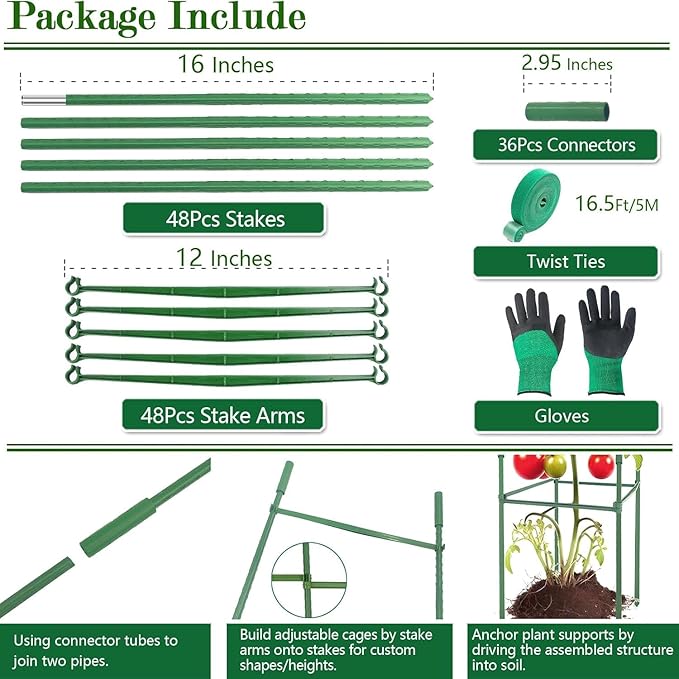 3Pack 12" Width Up to 63" Height Adjustable Square Tomato Cages for Garden, Plant Support Stakes for Climbing Vegetable, Tomatoe, Flower, with Twist Ties Snap-On Stake Arms