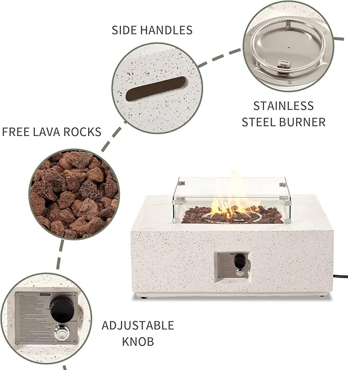 COSIEST 35-inch Square Outdoor Sandstone Propane Fire Pit w Wind Guard and Side Table, CSA Certified, 50,000 BTU Stainless Steel Burner, Free Lava Rocks and Rain Cover, Metal Lid(Beige)