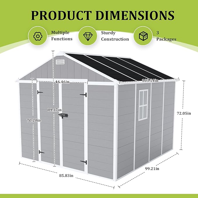 Outdoor Storage Shed 8x8 FT, Resin Shed with Floor & Window, Lockable Door, Vents, Outside Sheds & Garden Shed for Patio Furniture, Gardening Tools, Pool Equipment (Grey, 8 * 8ft)