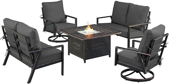 Oakland Living Black Aluminum Patio Fire Table Set with Two Deep Seating Loveseat with Cushions and Two Club Chairs with Black Cushions