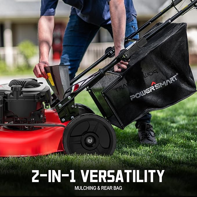 PowerSmart Self Propelled Gas Lawn Mower 21-inch with 140cc Briggs and Stratton EX550 Engine, 2-in-1 with Bagger, Rear Wheel Drive Single-Speed, 6-Position Adjustable Cutting Height