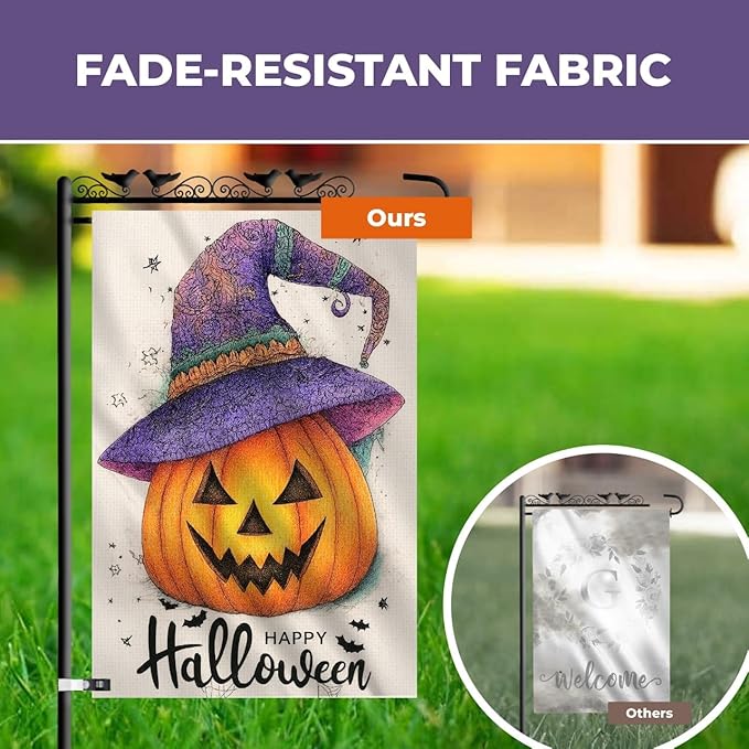 Happy Halloween Garden Flag 12x18 Inch – Pumpkin with Purple Hat, Double Sided Burlap Fall Yard Flag for Outside
