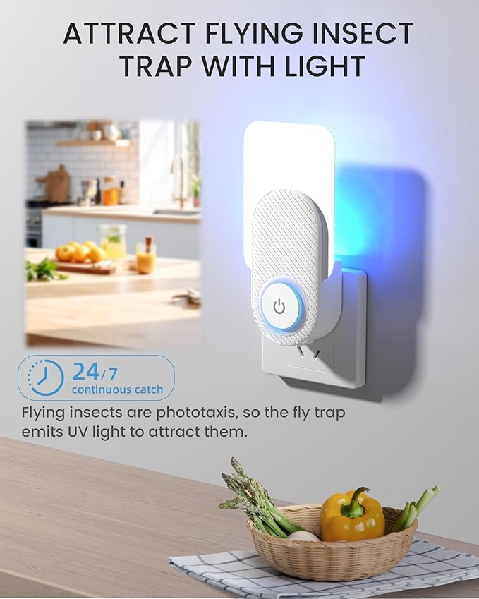 Fruit Fly Traps for Indoors - Highly Effective UV Blueish-purple Light | Plug-In Fly Trap for Flies, Fruit Flies, Moths, Gnats, and Other Flying Insects, with Exclusive Double-Sided Sticky Pads