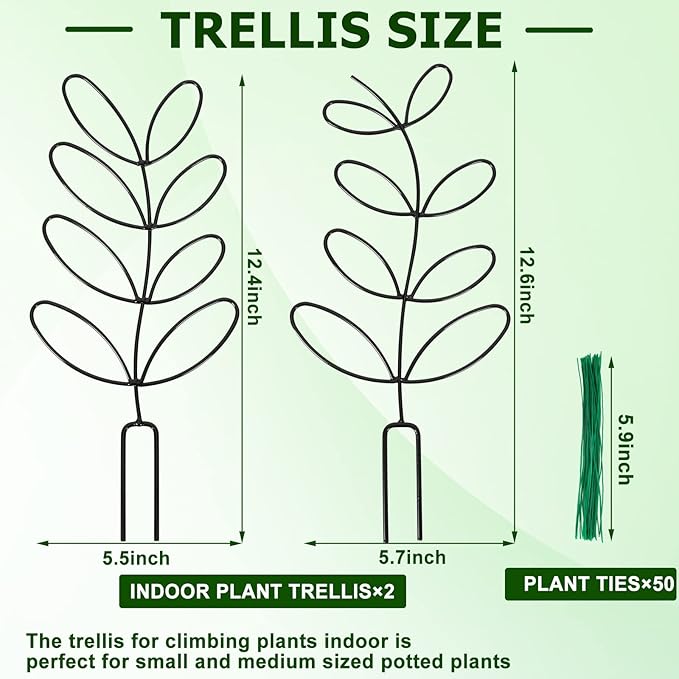 AUGSUN 2 Packs Indoor Plant Trellis Garden Trellis for Climbing Plants, 12 Inch Metal Leaf Shape Small Trelli for Potted Plants Plant Support for Houseplant with 50 Ties