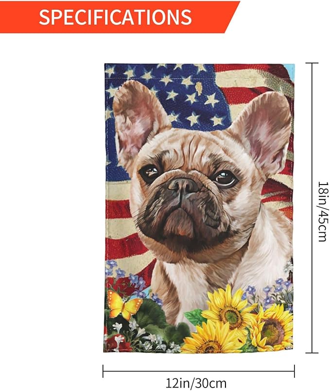 French Bulldog American Flag Patriotic Sunflower Dog Garden Flag Welcome Party Outdoor Outside Decorations Picks Home House Garden Yard Decor 12x18 Inch