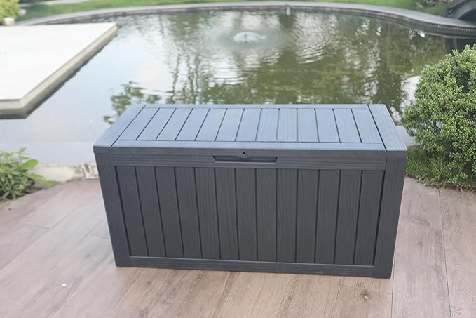 BTEXPERT 75 Gallon Resin Deck Box, Outdoor Storage Container for Patio Furniture Garden Tools Cushions Pool Sports Equipment Waterproof Lockable Stainless Steel insert UV Resistant Set of 2