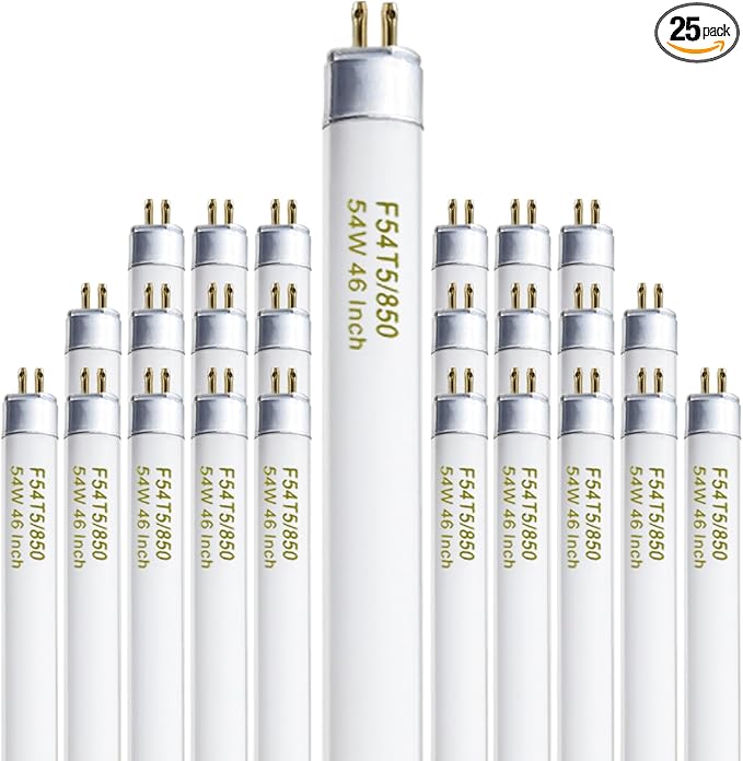 46 Inches T5 Fluorescent Bulb 54W, F54T5/850/HO 54 Watt T5 High Output 5000K Fluorescent Tube, 25 Pack, G5 Base, 4200 Lumens, CRI 82