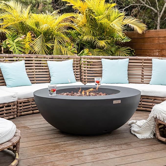 Elementi Lunar Bowl Dark Grey Fire Pit Bundle Outdoor Firepit Set Includes 42” Natural Gas Concrete Firepit, Glass Windscreen, Stainless Steel Cover, Canvas Cover, Floor Mat and Beverage Tub
