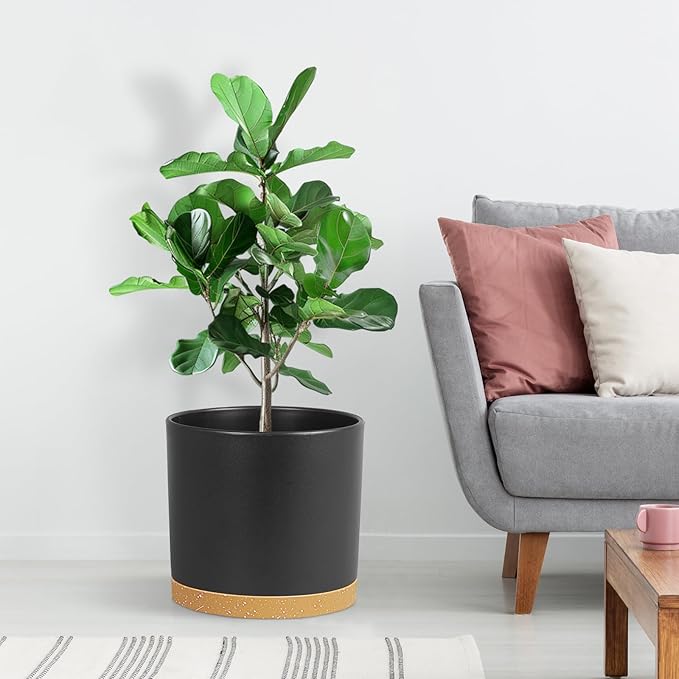 10 Inch Large Deep Plant Pots for Indoor Outdoor, Tall Cylinder Flower Pots with Drainage Holes & Saucer, Big Plastic Planter Pots for Garden House Plants, Black with Brown