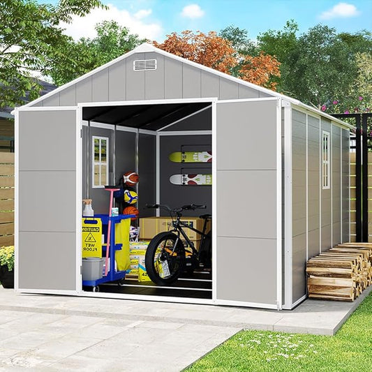 Resin Storage Shed 10x8 ft, Large Garden Shed with Floor, HD Window, Lockable Doors and Vents, 12mm Thick pp Board, Outdoor Storage Sheds for Backyard Patio (Gray, 10 * 8ft)