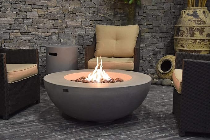 Elementi | Lunar Gas Fire Pit Cast Concrete 42" Round Fire Table, Outdoor Fire Pit Electronic Ignition | Canvas Cover, Lava Rock Included | Light Gray (Propane Gas)