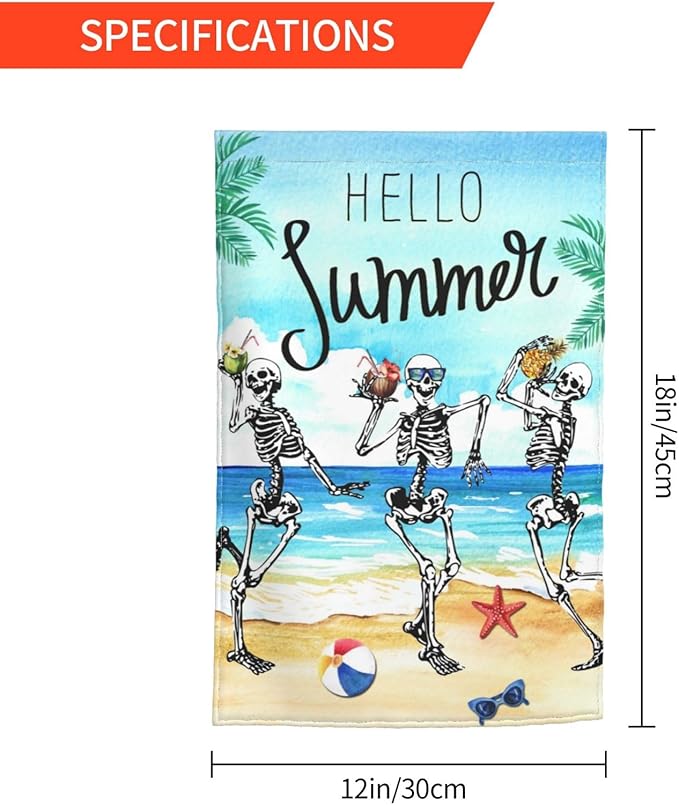 Hello Summer Skeleton Funny Skull Summer Coastal Hawaii Tropical Ocean Garden Flag Welcome Party Outdoor Outside Decorations Picks Home House Garden Yard Decor 12x18 Inch