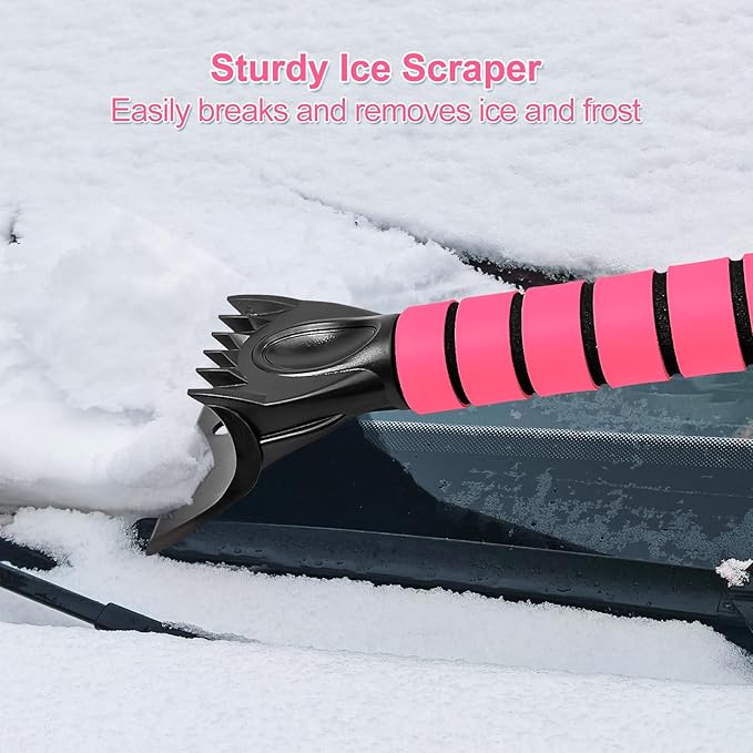 SEAAES 35 Inch Ice Scraper and Snow Brush for Car Windshield, Extendable Snow Scraper Brush with Foam Grip for Truck SUV Vehicle Window - Pink