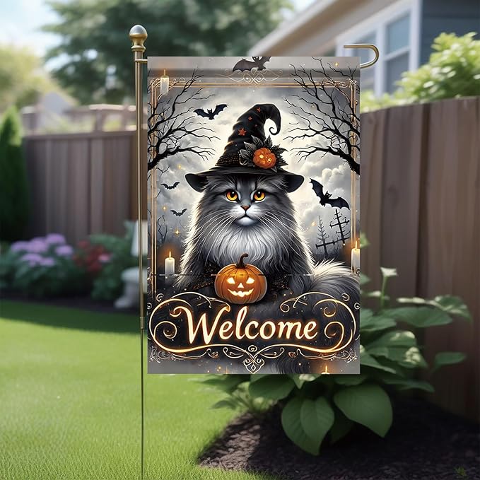 Halloween Garden Flag Maine Coon Cat Flag 12x18 Inch Double Sided Outdoor Holiday Yard Decoration Seasonal House Lawn Decor Porch Patio Farmhouse Outside Fall Welcome Banner