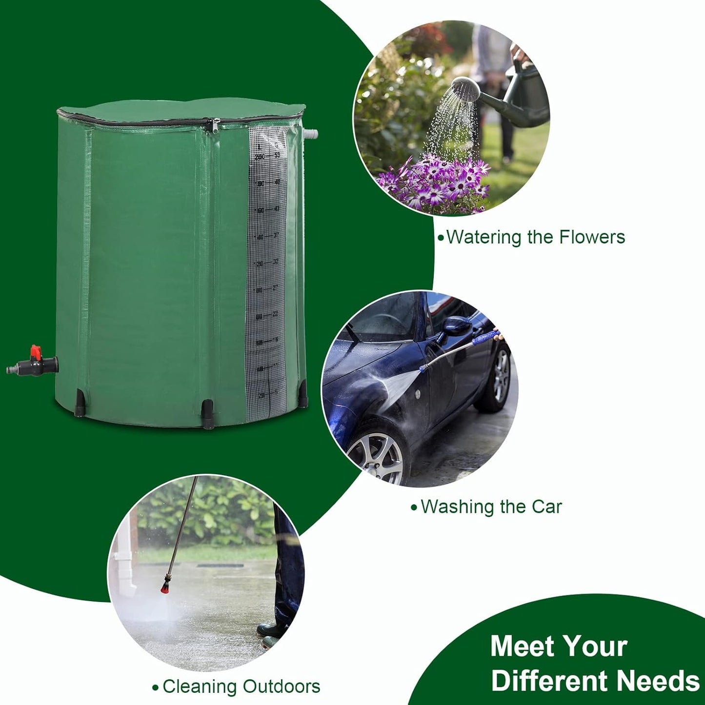 50 Gallon Collapsible Rain Barrel, Rain Catcher Barrel, Portable Rainwater Collection System with Volume Scale Mark, Spigots and Overflow Kit, Rain Water Barrel Collector for Garden, Green