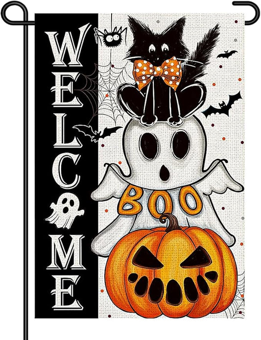 Halloween Welcome Garden Flags for Outside 12x18 Inch Double Sided Burlap, Black Cat Spooky Ghost Pumpkin Sign Small Flag Farmhouse Holiday Yard Lawn Outdoor Decorations DF868