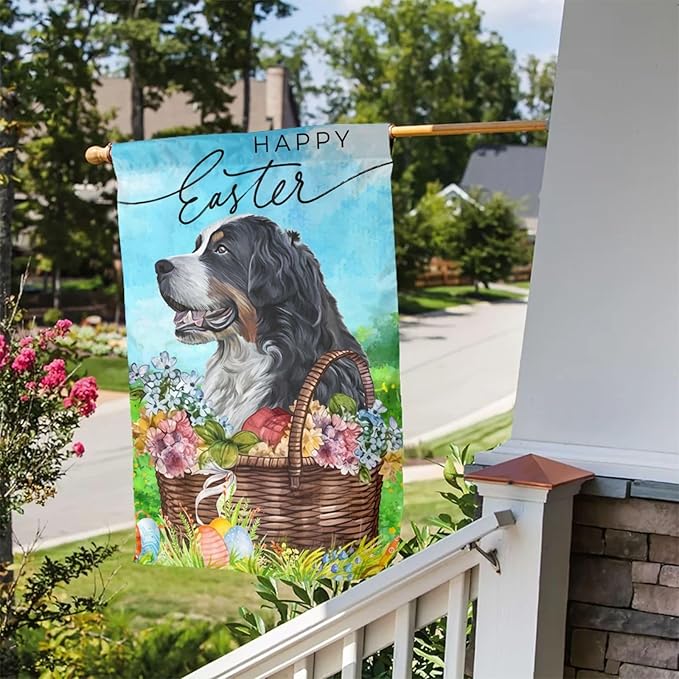 Bernese Mountain Dog Happy Easter Flower Garden Flag Welcome Party Outdoor Outside Decorations Picks Home House Garden Yard Decor 12x18 Inch