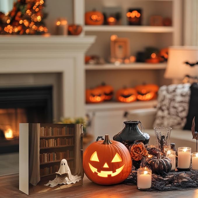 Mtrgdn Cute Halloween Decor,Halloween Decorations Indoor,Ghost Reading Desk Decor Wooden Box Sign,Halloween Home Office Kitchen Bathroom Bedroom Coffee Bar Table Shelf Wall Decorations,5x5 Inch
