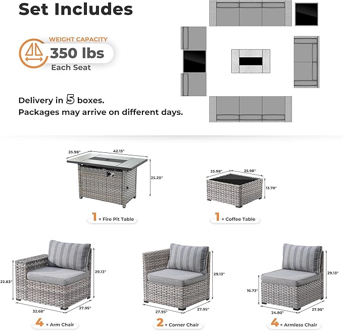 ovios 13 Pieces Patio Furniture Set, Outdoor Wicker Sectional Sofa with 42 Inch Fire Pit Table Comfy Cushions, Modern Modular Deep Seat Rattan Couch Conversation Set, Dark Gray Stripe