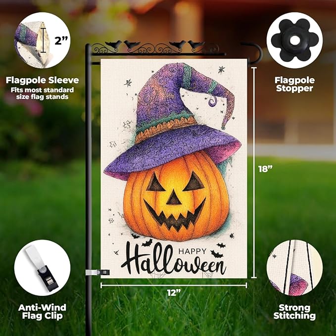 Happy Halloween Garden Flag 12x18 Inch – Pumpkin with Purple Hat, Double Sided Burlap Fall Yard Flag for Outside
