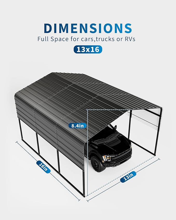 13' X 16' X 8.5' Heavy Duty Metal Carport with Galvanized Roof, Weatherproof Car Garage Shelter, All-Weather Permanent Cover for Cars/Trucks/Boats/Tractors