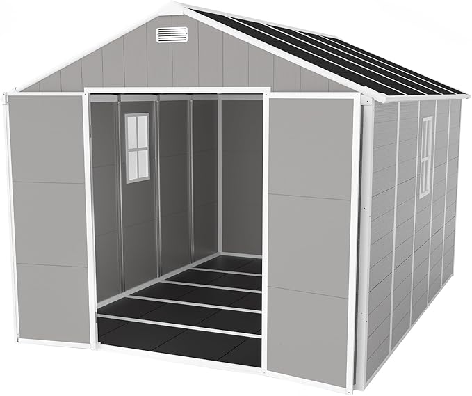 Resin Storage Shed 10x8 ft, Large Garden Shed with Floor, HD Window, Lockable Doors and Vents, 12mm Thick pp Board, Outdoor Storage Sheds for Backyard Patio (Gray, 10 * 8ft)