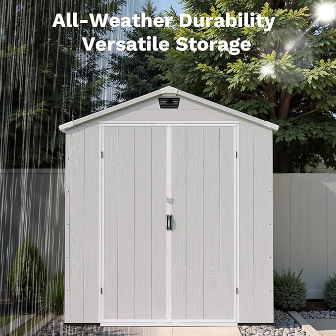 Patiowell 6 x 4 FT Outdoor Storage Shed, Plastic Tool Shed with Lockable Door & Window, Weather-Resistant Garden Shed with Floor for Backyard, Patio, Easy Assembly, Light Grey
