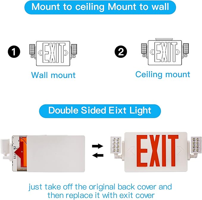 8 Packs UL Listed- Led Red Exit Sign Emergency Light Combo- Two LED Adjustable Head Emergency Exit Lights with Battery Backup- ABS Fire Resistance 120-277V-Double Face-Exit Sign for Business.