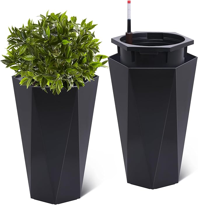 23 Inch Tall Outdoor Planters Set of 2, Self Watering Pots for Indoor Plants with Water Level Monitor & Drainage Hole & Wheels, Large Planter Pots for Garden, Patio, Balcony, Lounge, White