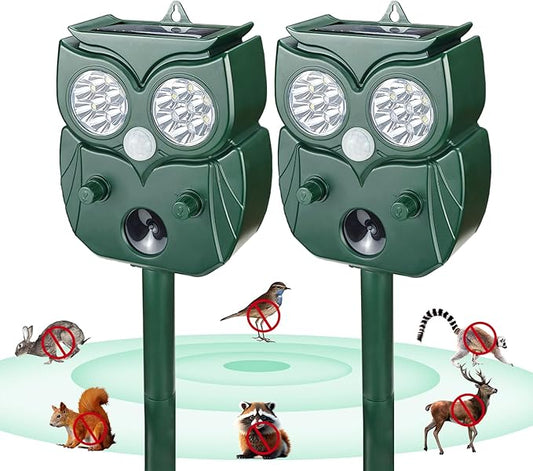 [2025 Upgrade] Solar Animal Repellent Outdoor for Deer Squirrel Mole Rabbit Cat Skunk Bird Raccoon Dog, Waterproof Ultrasonic Pest Repeller with Motion Detector and LED for Yard Lawns Garden 2 Pack