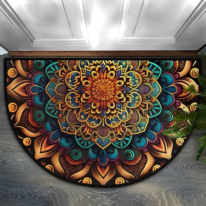 Mandala Half Round Door Mat, Ethnic Mandala Floral Semicircle Door Mats, Non Slip Area Rug Soft Doormat for Front Door Indoor Entrance Wear Resistant Welcome Mat for Garage Patio Home Decor 24 x 36 In