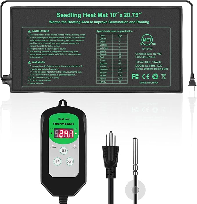 Bestio 10” x 20.75” in Seedling Heating Mat with Digital Thermostat Combo Kit, MET Certified Waterproof and Durable Plantg Heat Mat for Seed Starting,Suitable for Seeding,Indoor Gardening,Greenhouse