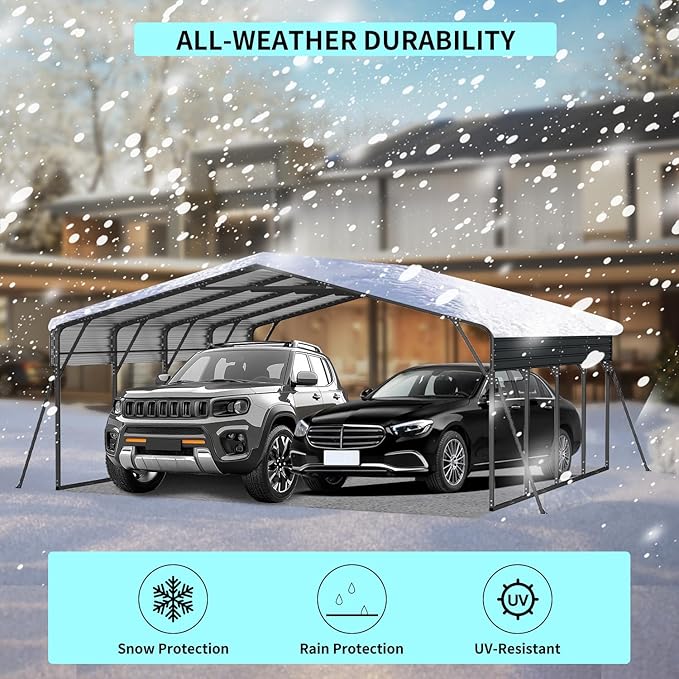 20x20 FT Metal Carport, Heavy Duty Car Port Canopy with Galvanized Steel Roof & Frame, Oversized Metal Carport Kit, Outdoor 2 Car Garage, Steel Car Shelter for Car, Boat, Truck, Dark Gray