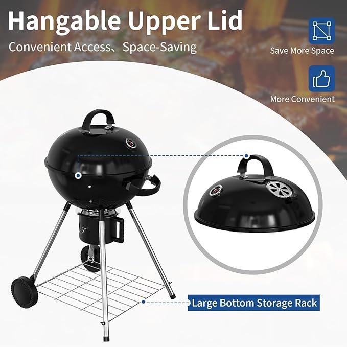 18.5-Inch Portable Charcoal Grill, Heavy Duty Kettle BBQ Smoker with Built-in Thermometer & Removable Water-Rinsable Ash Catcher for Outdoor Camping, Patio, Backyard, and Tailgating